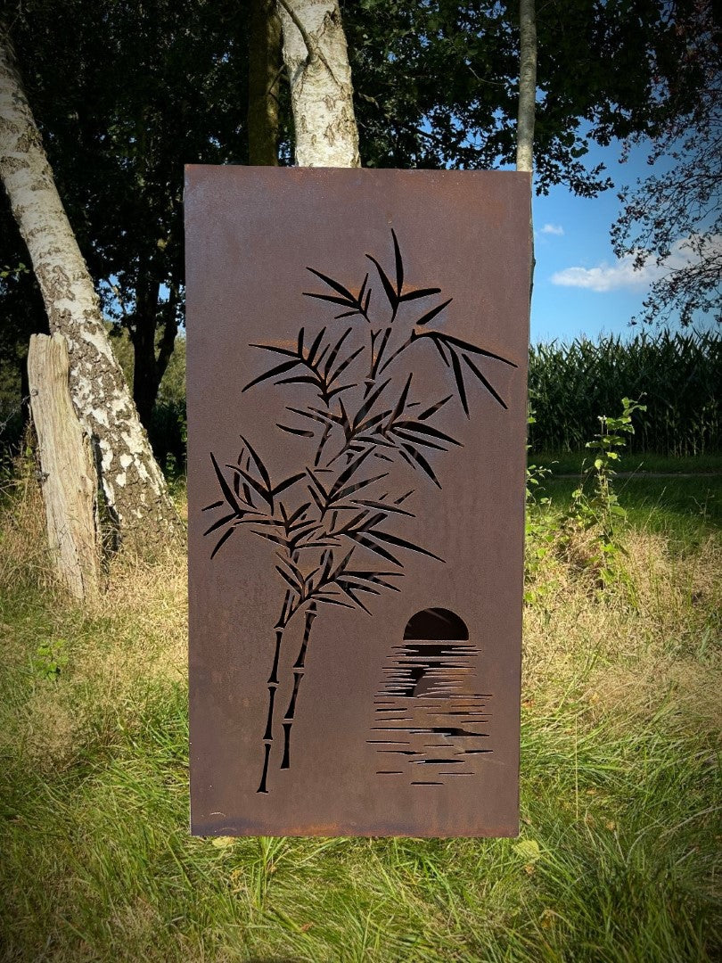 Hingucker Stele Sichtschutz BAMBUS IM SONNENUNTERGANG