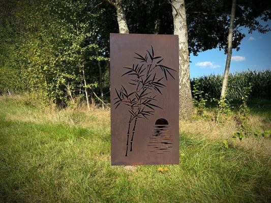 Hingucker Stele Sichtschutz BAMBUS IM SONNENUNTERGANG