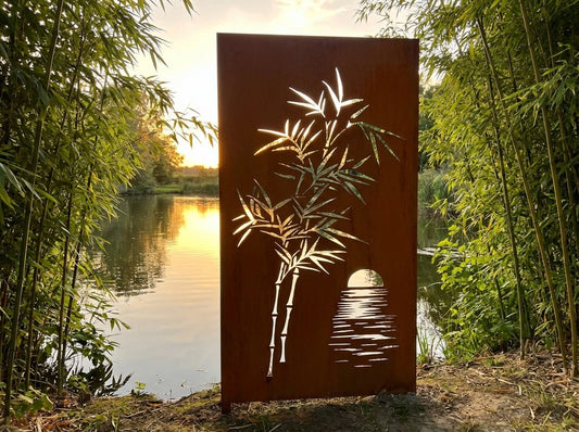 Hingucker Stele Sichtschutz BAMBUS IM SONNENUNTERGANG